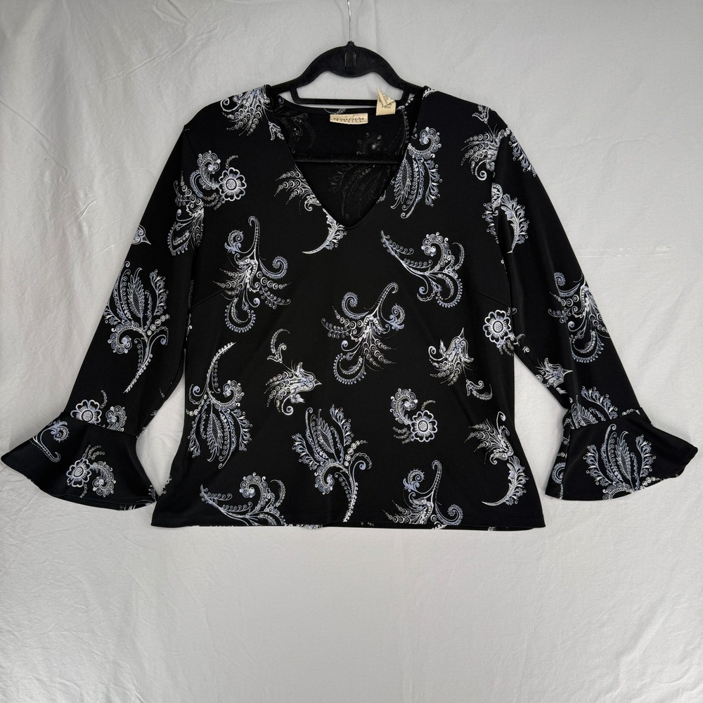 Y2K Phoebe Buffay Apostrophe Black Paisley V-Neck Top Bell Sleeve Size L 14-16